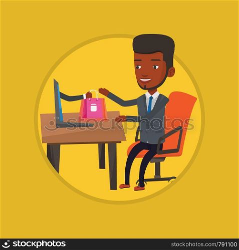 Young african-american man shopping online. Happy man making online order in virtual shop. Man using laptop for online shopping. Vector flat design illustration in the circle isolated on background.. Man shopping online vector illustration.