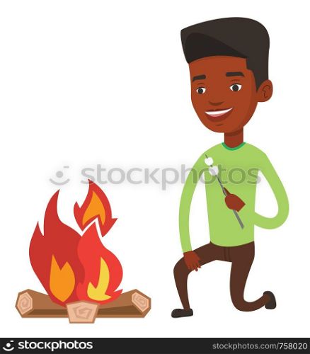 Young african-american man sitting near campfire. Cheerful man roasting marshmallow over campfire. Tourist relaxing near campfire. Vector flat design illustration isolated on white background.. Man roasting marshmallow over campfire.