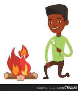 Young african-american man sitting near campfire. Cheerful man roasting marshmallow over campfire. Tourist relaxing near campfire. Vector flat design illustration isolated on white background.. Man roasting marshmallow over campfire.
