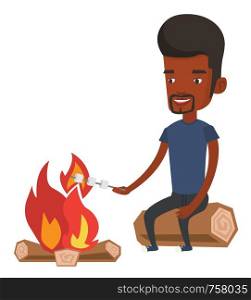 Young african-american man sitting near campfire. Happy man roasting marshmallow over campfire. Tourist relaxing near campfire. Vector flat design illustration isolated on white background.. Man roasting marshmallow over campfire.