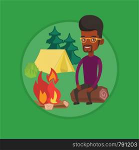 Young african-american man sitting near campfire. Man sitting on a log near campfire. Smiling tourist relaxing near campfire. Vector flat design illustration in the circle isolated on background.. Man sitting on log near campfire in the camping.