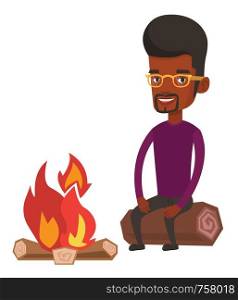 Young african-american man sitting near campfire. Travelling happy man sitting on a log near campfire. Man relaxing near campfire. Vector flat design illustration isolated on white background.. Man sitting on log near campfire in the camping.