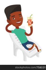 Young african-american man sitting on a beach chair. Man drinking a cocktail on a beach chair. Man sitting on a beach chair with cocktail. Vector flat design illustration isolated on white background.. Man relaxing on beach chair vector illustration.
