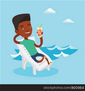 Young african-american man sitting on a beach chair. Happy smiling man drinking a cocktail on a beach chair. Joyful man on a beach chair with cocktail. Vector flat design illustration. Square layout.. Man relaxing on beach chair vector illustration.
