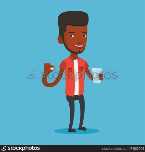 Young african-american man taking pills. Man holding pills and glass of water in hands. Happy smiling man taking vitamins. Healthy lifestyle concept. Vector flat design illustration. Square layout.. Young caucasian woman taking pills.