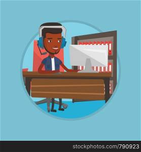 Young african-american man using computer for playing games. Happy smiling gamer in headphones playing online games on a computer. Vector flat design illustration in the circle isolated on background.. Man playing computer game vector illustration.