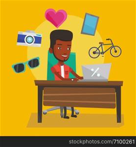Young african-american man using laptop for online shopping. Happy man doing online shopping. Smiling man buying in online shop. Guy buying on internet. Vector flat design illustration. Square layout.. Man shopping online vector illustration.