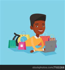 Young african-american man using laptop for shopping online. Smiling customer lying with laptop and shopping bags around him. Man doing online shopping. Vector flat design illustration. Square layout.. Man shopping online vector illustration.
