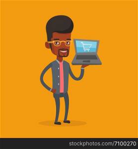 Young african-american man using laptop for shopping online. Happy customer holding laptop with shopping trolley on a screen. Man doing online shopping. Vector flat design illustration. Square layout.. Man shopping online vector illustration.