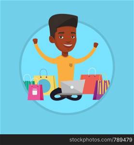 Young african-american man using laptop for shopping online. Man sitting with shopping bags around him. Man doing online shopping. Vector flat design illustration in the circle isolated on background.. Man shopping online vector illustration.
