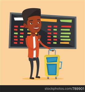 Young african-american man waiting for a flight at the airport. Passenger with suitcase standing at the airport on the background of departure board. Vector flat design illustration. Square layout.. Young man waiting for flight at the airport.