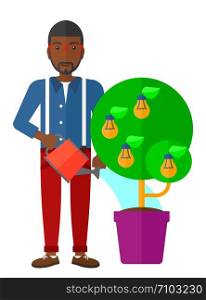 Young african-american man watering a tree growing in pot with light bulbs instead flowers vector flat design illustration isolated on white background. . Man watering tree with light bulbs.