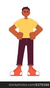 Young african american man with hands on hips semi flat color vector character. Editable full body of optimistic entrepreneur on white. Simple cartoon spot illustration for web graphic design. Young african american man with hands on hips semi flat color vector character