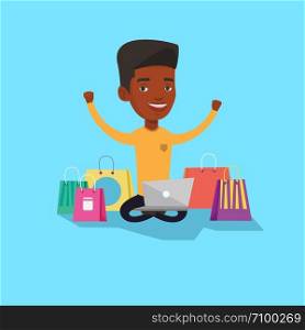 Young african-american man with hands up using laptop for shopping online. Customer sitting with shopping bags around him. Man doing online shopping. Vector flat design illustration. Square layout.. Man shopping online vector illustration.