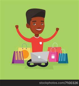 Young african-american man with hands up using laptop for shopping online. Happy man sitting with shopping bags around him. Man doing online shopping. Vector flat design illustration. Square layout.. Man shopping online vector illustration.