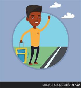 Young african-american man with suitcase hitchhiking on roadside. Hitchhiking man trying to stop a car on a highway by waving hand. Vector flat design illustration in the circle isolated on background. Young man hitchhiking vector illustration.