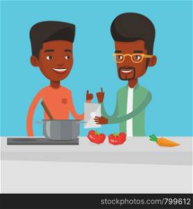 Young african-american men following recipe for healthy vegetable meal on digital tablet. Men cooking healthy meal. Men having fun cooking together. Vector flat design illustration. Square layout.. Men cooking healthy vegetable meal.