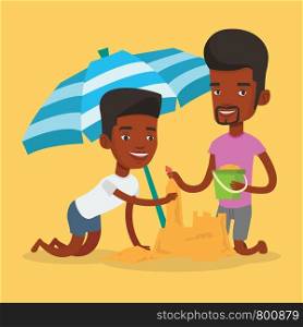 Young african-american men making sand castle on the beach under beach umbrella. Smiling friends building sand castle. Tourism and beach holiday concept. Vector flat design illustration. Square layout. Friends building sandcastle on beach.