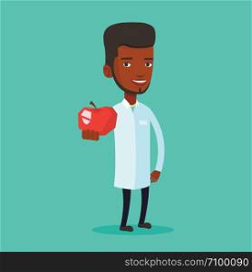 Young african-american nutritionist prescribing diet and healthy eating. Confident nutritionist holding an apple. Nutritionist offering fresh red apple. Vector flat design illustration. Square layout. Nutritionist offering fresh red apple.