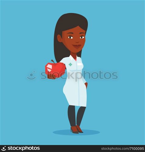 Young african-american nutritionist prescribing diet and healthy eating. Confident nutritionist holding an apple. Nutritionist offering fresh red apple. Vector flat design illustration. Square layout. Nutritionist offering fresh red apple.