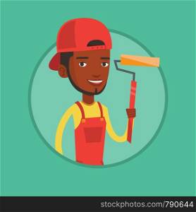 Young african-american painter at work. Painter in uniform holding paint roller in hands. Smiling painter standing near paint cans. Vector flat design illustration in the circle isolated on background. Painter holding paint roller vector illustration.