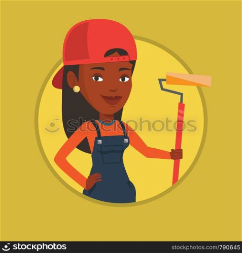 Young african-american painter at work. Painter in uniform holding paint roller in hands. Smiling painter standing near paint cans. Vector flat design illustration in the circle isolated on background. Painter holding paint roller vector illustration.