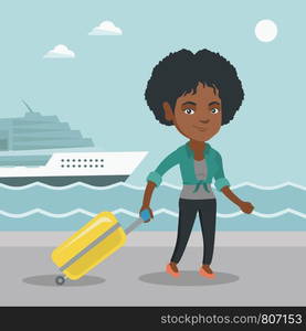 Young african-american passenger walking on the background of cruise liner. Smiling happy passenger with a suitcase goes to a cruise liner along the station. Vector cartoon illustration. Square layout. Passenger goes to the cruise liner with a suitcase