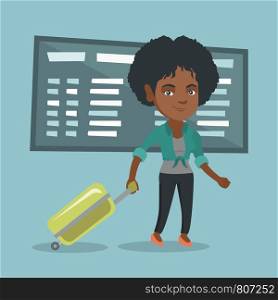 Young african-american passenger with suitcase walking on the background of schedule board at the airport. Business woman pulling suitcase at the airport. Vector cartoon illustration. Square layout.. African woman walking with suitcase at airport.