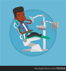 Young african-american patient visiting dentist because of toothache. Sad man suffering from toothache. Man having a toothache. Vector flat design illustration in the circle isolated on background.. Man suffering from toothache in dental chair.