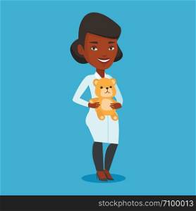 Young african-american pediatrician in medical gown. pediatrician doctor holding a teddy bear. Female pediatrician doctor standing with a teddy bear. Vector flat design illustration. Square layout.. Pediatrician doctor holding teddy bear.