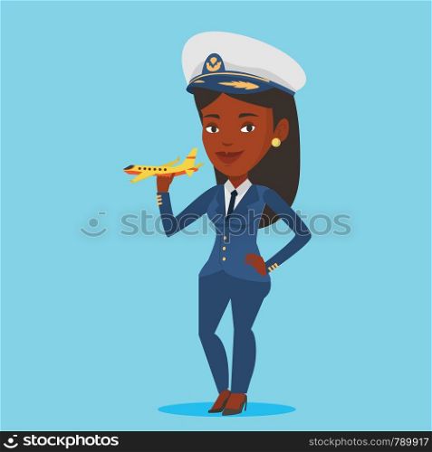 Young african-american pilot holding a model of airplane in hand. Cheerful female airline pilot in uniform. Smiling female pilot with model of airplane. Vector flat design illustration. Square layout.. Cheerful airline pilot with model of airplane.