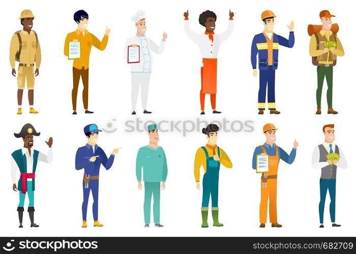 Young african-american pirate waving his hand. Full length of pirate waving his hand. Pirate making greeting gesture - waving hand. Set of vector flat design illustrations isolated on white background. Vector set of professions characters.