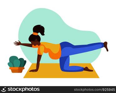 Young african american pregnant woman doing yoga on mat, girl is in yoga pose doing exercise and meditation. Female character in flat style. Isolated figure and potted flower, vector illustration. Yoga Different People