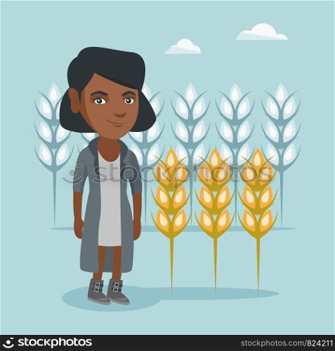 Young african-american rancher standing on the background of wheat field. Smiling rancher working in a wheat field. Cheerful rancher checking wheat harvest. Vector cartoon illustration. Square layout.. Young african farmer standing in a wheat field.