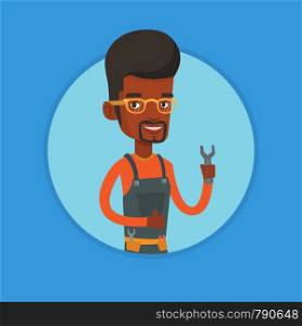Young african-american repairman standing with a spanner in hand and showing thumb up. Confident repairman giving thumb up. Vector flat design illustration in the circle isolated on background.. Repairman holding spanner vector illustration.