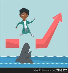 Young african-american risky business woman running on ascending graph and jumping over the sea with shark. Concept of business growth and business risks. Vector cartoon illustration. Square layout.. Business woman jumping over ocean with shark.