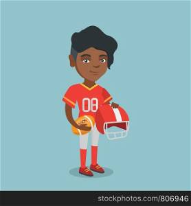 Young african-american rugby player holding a ball and a helmet in hands. Full length of rugby player in uniform. Sport and leisure concept. Vector cartoon illustration. Square layout.. Young african-american female rugby player.