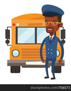 Young african-american school driver standing in front of yellow bus. Smiling school bus driver in uniform. Cheerful school bus driver. Vector flat design illustration isolated on white background.. School bus driver vector illustration.