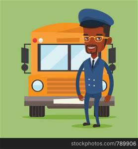 Young african-american school driver standing in front of yellow bus. Smiling school bus driver in uniform. Cheerful school bus driver. Vector flat design illustration. Square layout.. School bus driver vector illustration.
