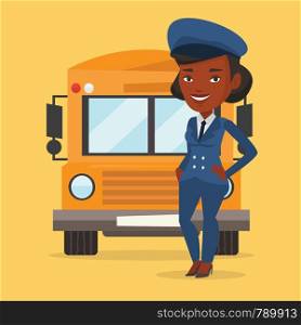 Young african-american school driver standing in front of yellow bus. Smiling female school bus driver in uniform. Cheerful female school bus driver. Vector flat design illustration. Square layout.. School bus driver vector illustration.