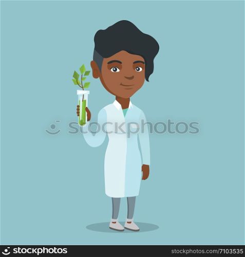 Young african-american scientist holding a test tube with young sprout. Laboratory assistant in medical gown analyzing green sprout in a test tube. Vector cartoon illustration. Square layout.. Scientist holding test tube with young sprout.
