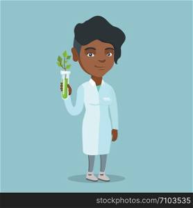 Young african-american scientist holding a test tube with young sprout. Laboratory assistant in medical gown analyzing green sprout in a test tube. Vector cartoon illustration. Square layout.. Scientist holding test tube with young sprout.