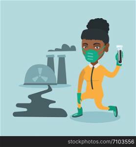 Young african-american scientist in gas mask and yellow protective suit holding a test-tube with black liquid on the background of nuclear power plant. Vector cartoon illustration. Square layout.. Young african scientist holding a test tube.