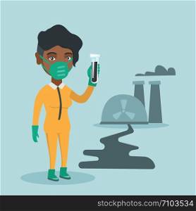 Young african-american scientist in yellow protective suit standing on the background of nuclear power plant and holding a test-tube with black liquid. Vector cartoon illustration. Square layout.. Scientist in yellow protective suit with test tube