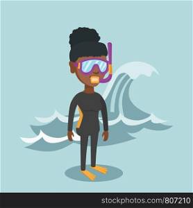 Young african-american scuba diver in diving suit, flippers, mask and tube standing on the background of a big wave. Full length of female scuba diver. Vector cartoon illustration. Square layout.. Young african-american scuba diver in diving suit.