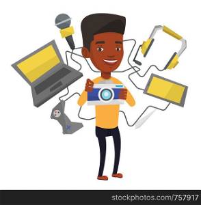 Young african-american smiling man surrounded with many gadgets. Happy man using many electronic gadgets. Man addicted to modern gadgets. Vector flat design illustration isolated on white background.. Young man surrounded with his gadgets.