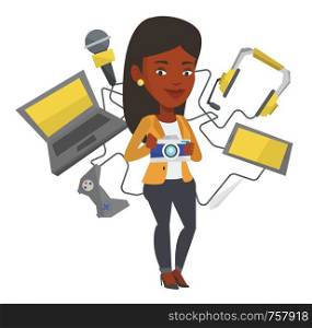 Young african-american smiling woman surrounded with many gadgets. Woman using many electronic gadgets. Woman addicted to modern gadgets. Vector flat design illustration isolated on white background.. Young woman surrounded with her gadgets.