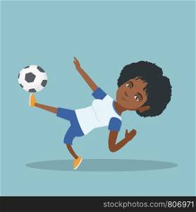 Young african-american soccer player kicking a ball. Soccer player juggling with a ball. Sportswoman playing soccer. Sport and leisure concept. Vector cartoon illustration. Square layout.. Young african soccer player kicking a ball.