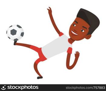 Young african-american soccer player kicking ball during game. Happy soccer player juggling with a ball. Soccer player playing with ball. Vector flat design illustration isolated on white background.. Soccer player kicking ball vector illustration.