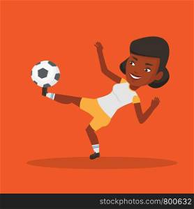 Young african-american soccer player kicking ball during game. Happy female soccer player juggling with a ball. Football player playing with soccer ball. Vector flat design illustration. Square layout. Soccer player kicking ball vector illustration.